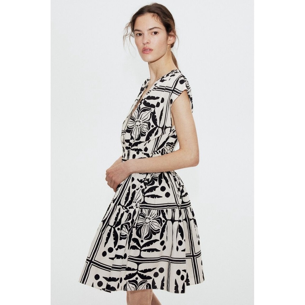 H&M XL Wrap Dress Crisp Cotton Black Cream Print Babydoll Tiered Mini Preppy‎